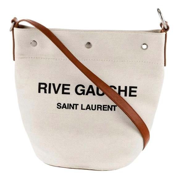 Saint Laurent Rive Gauche Brown Leather Trim Linen Bucket - Picture 1 of 6